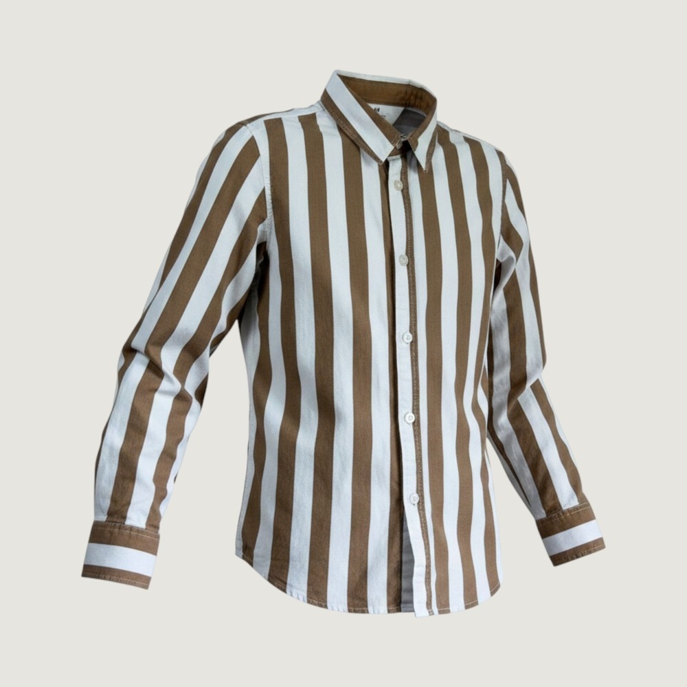 HM Kids Brown White Vertical Stripe Button Down Shirt Cotton Size 6-7Y